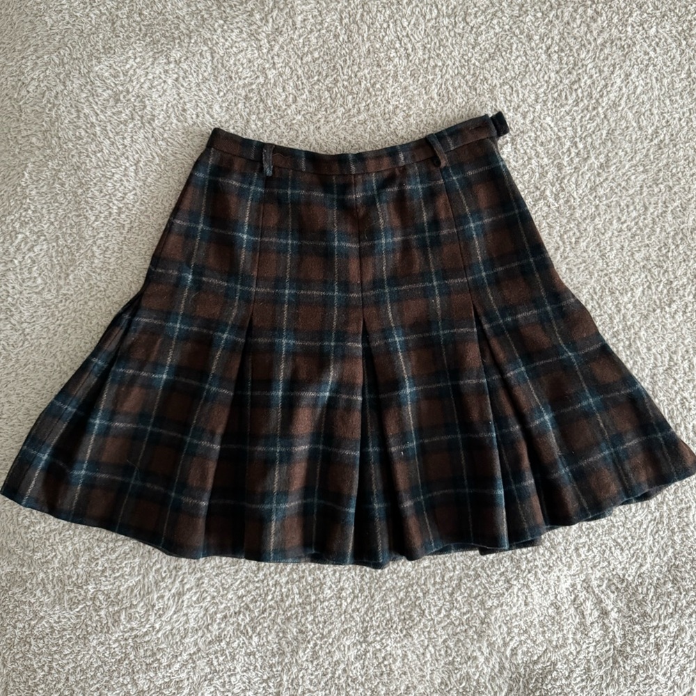 Vintage Calvin Klein Plaid Pleated Mini Skirt Wool Academia Brown Size 100% Wool